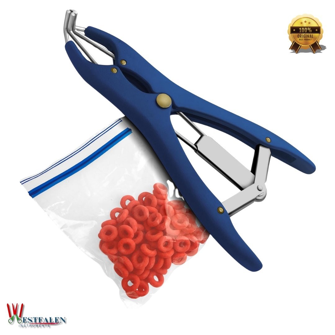 Bloodless Animal Elastrator Castration & Tail Docking Tool Kit – Stainless Steel Pliers with 100 Rubber Bands