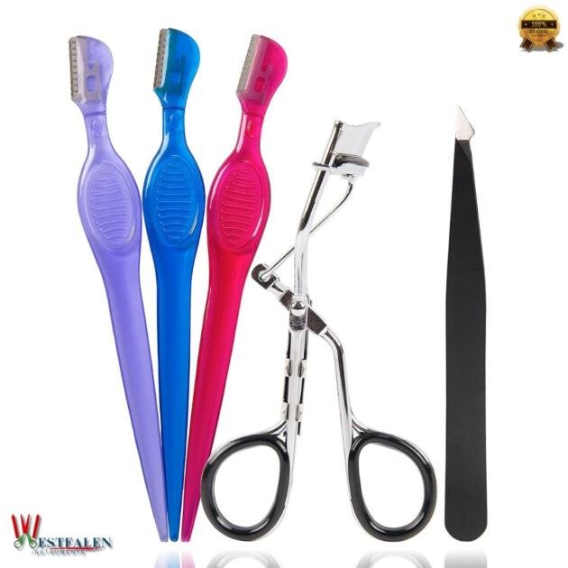 Complete Eye Shaping Beauty Tool Bundle – Eyelash Curler, Dual-Tip Tweezers & 3-Pack Eyebrow Shapers
