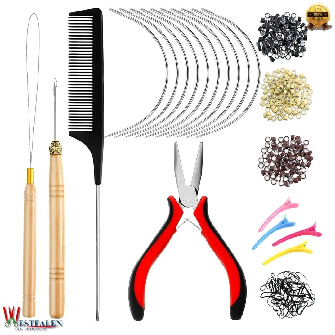 Hair Extension Tools Kit – Complete Set with 600 Silicone Lined Micro Ring Beads, Pliers, Hook Needles, Hair Needles, Alligator Clips, Comb & Rubber Bands