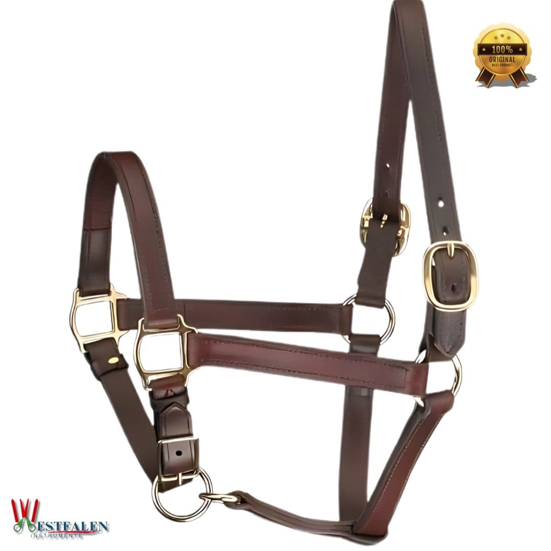 Mini/Suckling Foal Size Leather Horse Halter – Adjustable Brown Leather with Brass Hardware, Double Stitched, Double Buckle Crown – by WESTFALENINSTRUMENTE