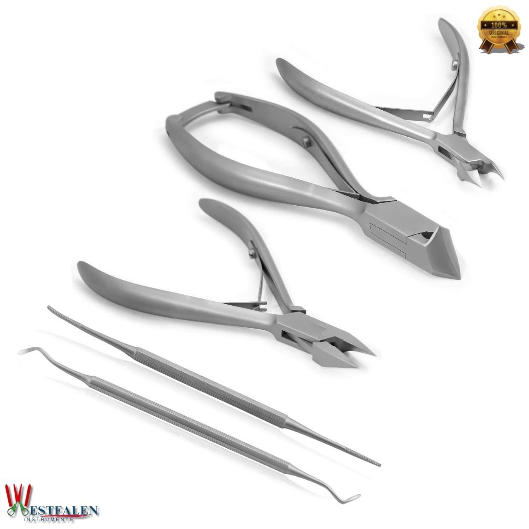 WESTFALENINSTRUMENTE 5-Piece Podiatry Tool Kit – Professional Toenail Nippers, Cuticle Trimmer, Blacks File & Probe – Reusable and Autoclavable Foot Care Set