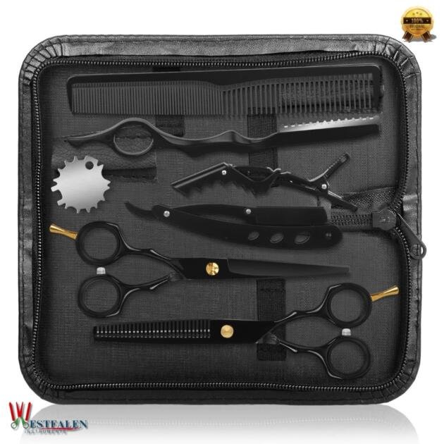 Professional Hair Cutting Scissors Kit with Razor & Leather Case – Thinning Shears & Hairdressing Tools for Salon or Home Use (Black)