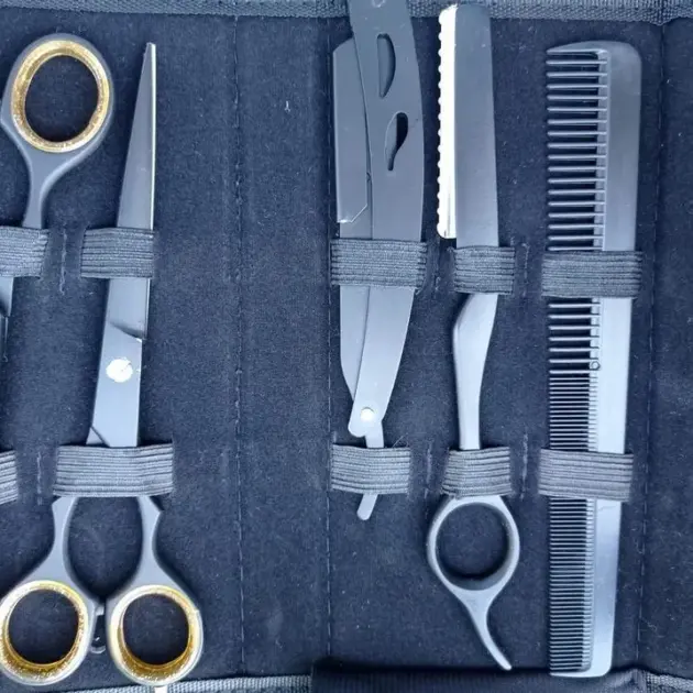 Profi-Haarschneideschere Effilierschere Rasiermesser Modellier-Messer Set (17 cm) Schwarz/Gold
