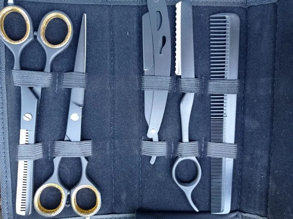 Profi-Haarschneideschere Effilierschere Rasiermesser Modellier-Messer Set (17 cm) Schwarz/Gold